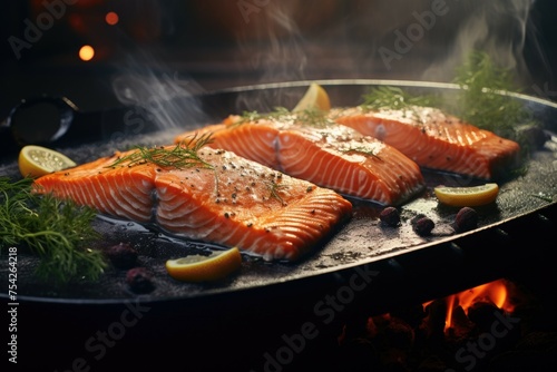 Salmon cooking on a grill with fresh lemons and herbs, ideal for food and cooking concepts © Fotograf