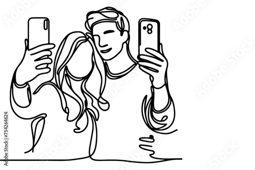 continuous one black line art drawing cheerful young man and girl  holding smartphone to taking acting selfie or video call through mobile phone outline doodle vector family travel concept