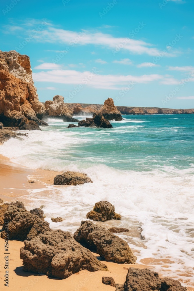 A scenic view of a sandy beach with rocks and a body of water. Suitable for travel and nature concepts A scenic view of a sandy beach with rocks and a body of water. Suitable for travel and nature concepts
