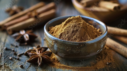 Aromatic cinnamon and star anise spices in a rustic setting perfect for culinary creations