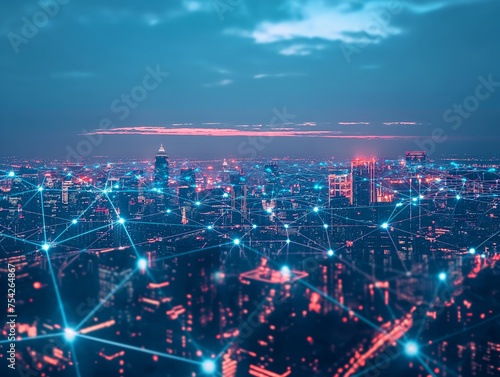 Aerial view of an urban skyline at dusk, overlaid with glowing digital network connections.