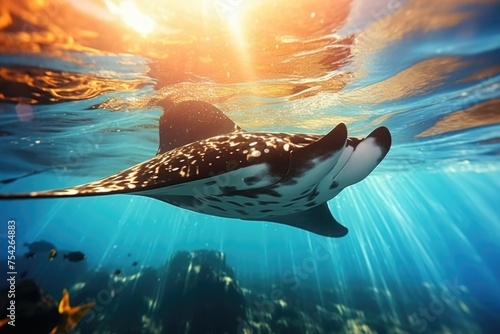 A majestic manta ray gracefully glides through the ocean. Perfect for marine life concepts