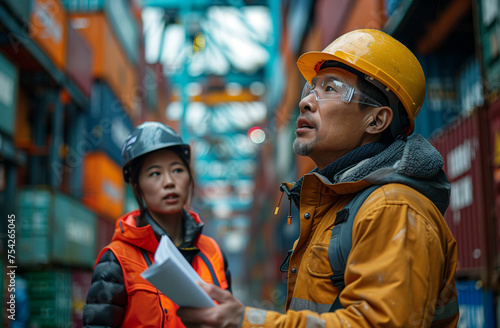 Worker standing in the dock between containers, Man at the job in marina, helmet, transport cargo job
