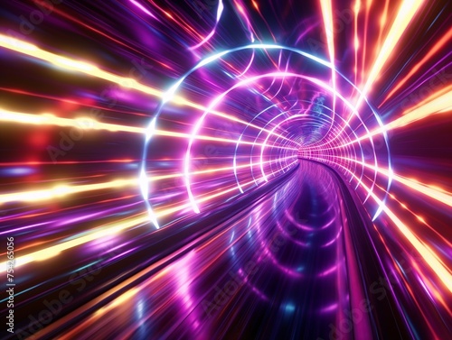 Vibrant neon lights create a sense of high-speed motion through a futuristic tunnel.