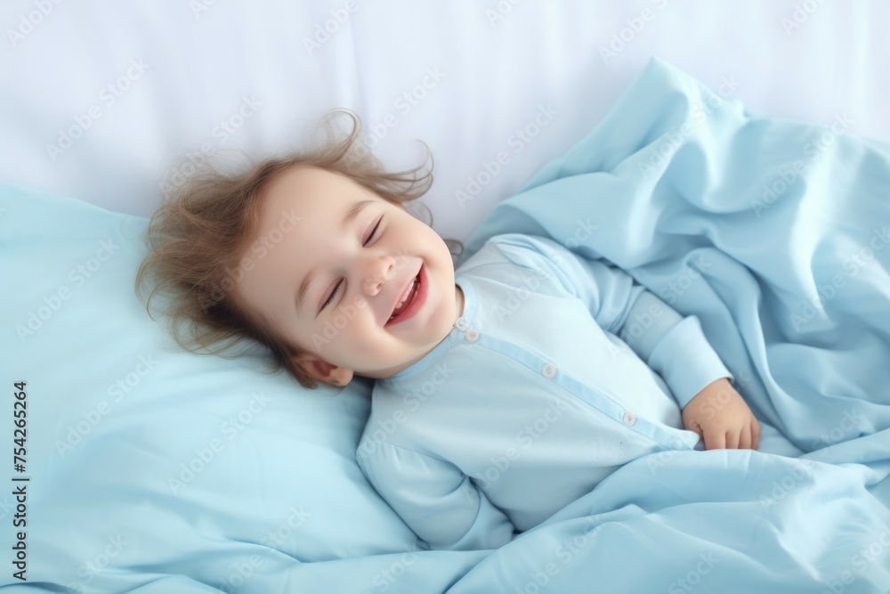 A small child laying in a bed covered in blue sheets. Suitable for family and parenting concepts A small child laying in a bed covered in blue sheets. Suitable for family and parenting concepts