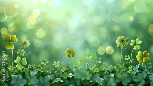 Shamrocks with Dew on Misty Green Background . Fresh green shamrocks covered in morning dew, set against a soft-focused, misty green backdrop with light bokeh. 