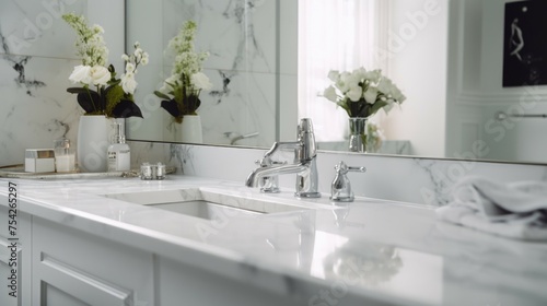 A bathroom sink placed under a spacious mirror. Ideal for interior design projects