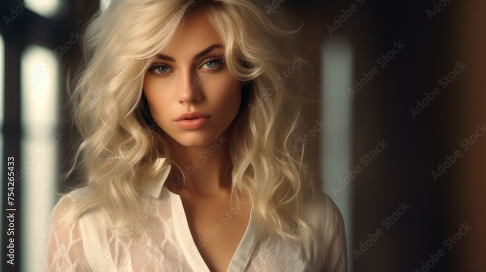 A woman with blonde hair wearing a white shirt. Ideal for fashion and lifestyle concepts A woman with blonde hair wearing a white shirt. Ideal for fashion and lifestyle concepts