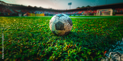Balón de futbol clásico aislado en un campo de futbol