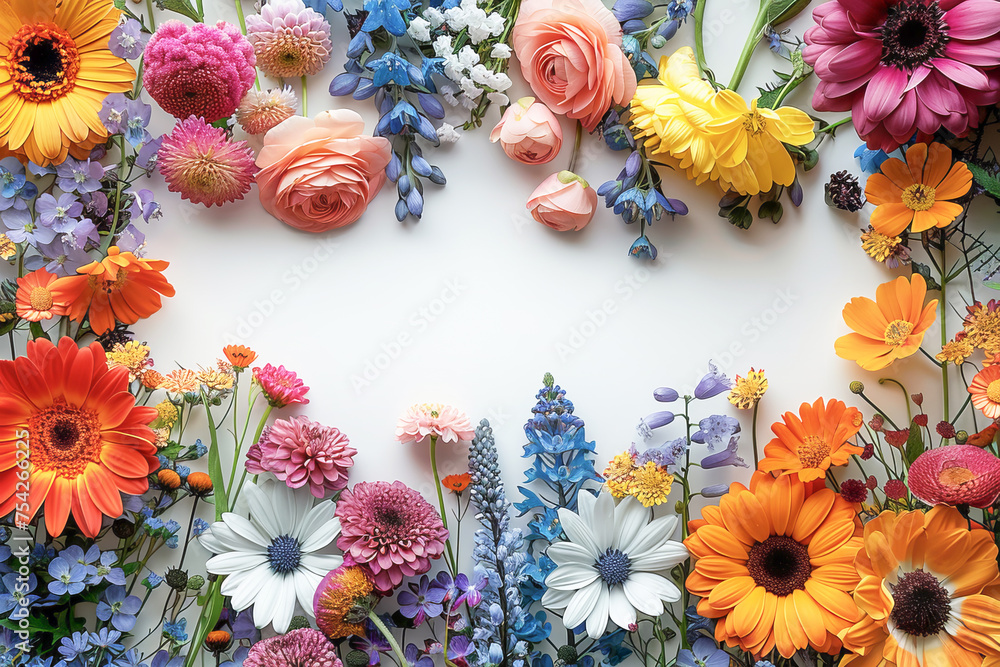 The pure white copy space in the center of the screen is surrounded by colorful flowers. Mockup concept. The pure white copy space in the center of the screen is surrounded by colorful flowers. Mockup concept.