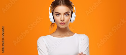 A confident and pretty woman with a ponytail is standing with her arms crossed. She is wearing headphones and a white shirt, looking away. The portrait view showcases the beautiful girl against an