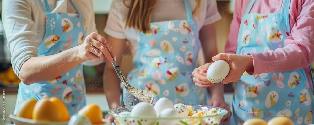 Fototapeta premium Easter Baking Fun: Relatives United in the Kitchen Wearing Their Festive Bunny and Egg-Themed Aprons