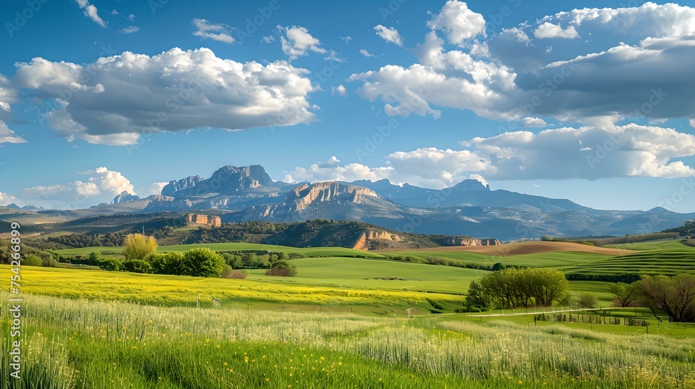 Breathtaking natural landscape, lush greenery with majestic mountain backdrop. perfect for wall art or desktop background. serene, vibrant, and inspiring scenic view. AI
