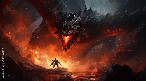 Fire breathes explode from a giant dragon in a black n