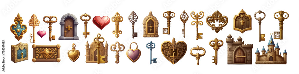 Antique keys illustration. Old metal key collection. Antique keys illustration. Old metal key collection.