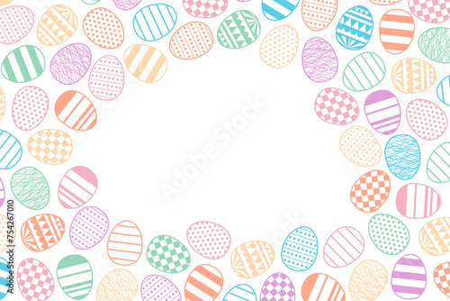 Painted Easter eggs frame, border with copy space on transparent. Line art style vector design. Easter holiday clip art, Easter holiday seasonal card, banner, poster, element, background