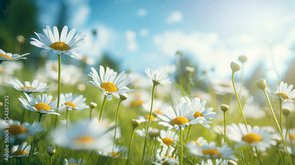 Focus on daisy flowers and nature in meadow.