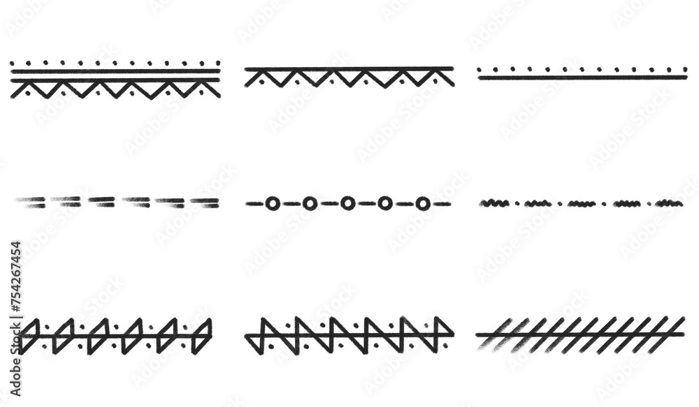Fototapeta premium Set of black hand drawn decorations, brushes, underlines, line, ornament. Scribbles, pencil strokes, drawing dividers. Pencil style, handwritten, handmade, doodle.