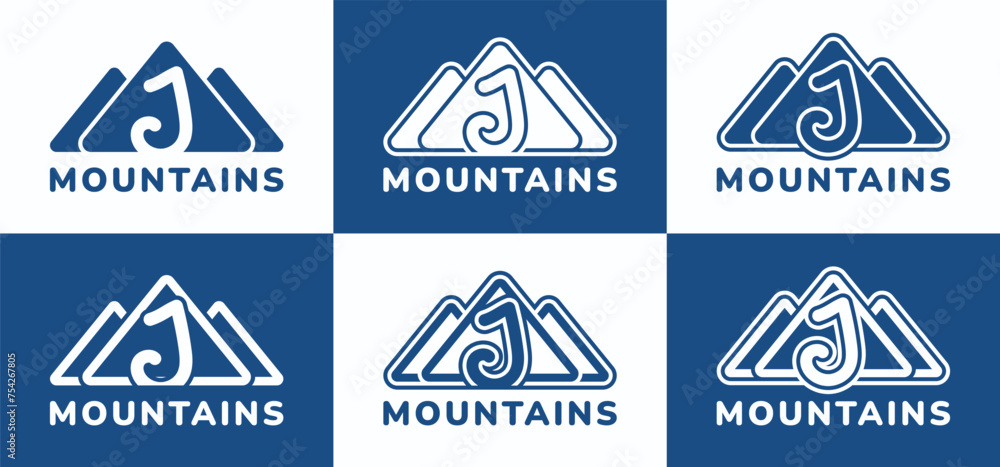 Set of letter J round mountains logo. This logo combines letters and mountain shapes. Suitable for nature lovers, hiking shops, outdoor tool shops and the like.