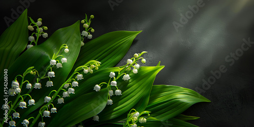 Lily bouquet on a black background close up wild flowers  bunch of lily of the valley flowers with green leaves  photo