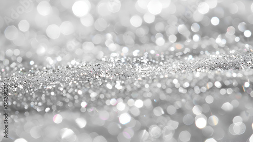 Silver glitter sparkles on a white background, Silver and white bokeh lights defocused. abstract background. 