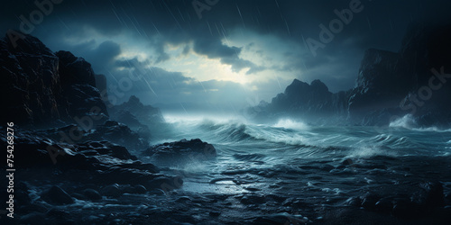 Dark stormy landscape with stormy sea, Dark Ocean Scene With Shining Sun Imaginative Fantasy Landscape 