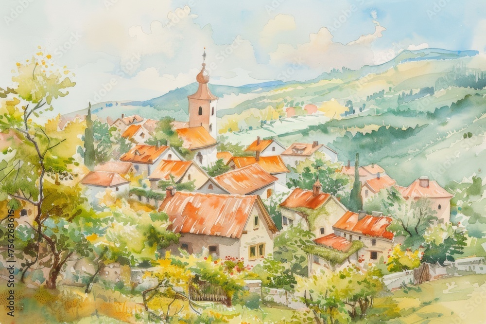 A watercolor painting depicting a village nestled among rolling hills.
