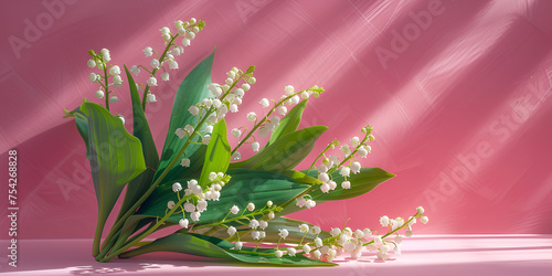 A bouquet of lilies of the valley on pink surface and a  pink wall background  photo