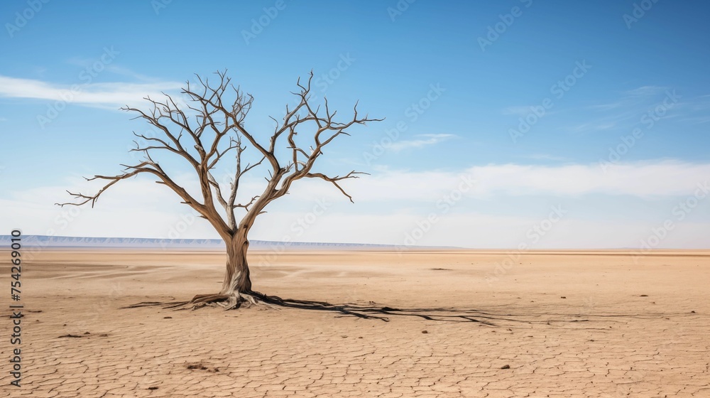 Dead tree standing alone in desert.