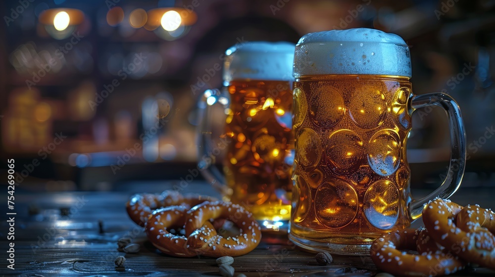 Cozy pub atmosphere with frothy beer mugs and traditional pretzels inviting a friendly toast Cozy pub atmosphere with frothy beer mugs and traditional pretzels inviting a friendly toast