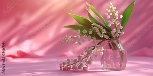 Bouquet of lilies of valley in a glass globe against pink background lily of valley blooming white flowers  with sun light shadow on it  photo