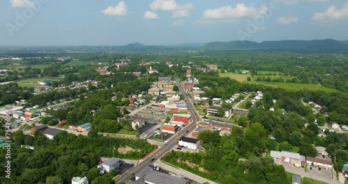 Historical American town Berea, Kentucky. Old townscape architecture in Madison County, USA. Streets and historic buildings from above photo