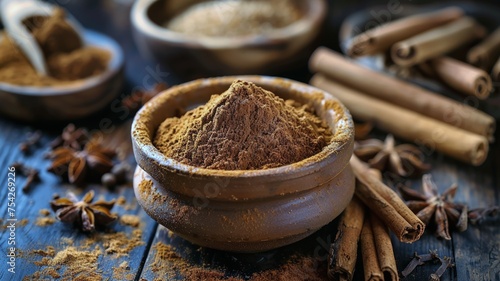 Aromatic cinnamon powder and sticks with star anise on rustic wooden background © rorozoa