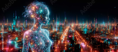 Cyborg woman with glowing digital hologram and cityscape background 3D rendering