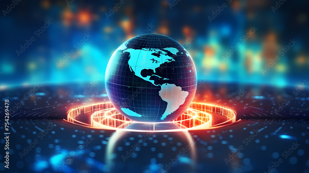 Illustration of digital earth with network lines and data points symbolizing global connectivity and information exchange on circuit board Illustration of digital earth with network lines and data points symbolizing global connectivity and information exchange on circuit board