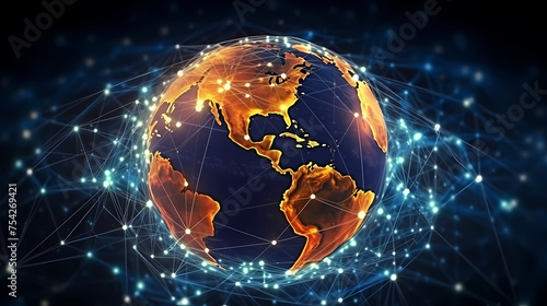 Illustration of digital earth with network lines and data points symbolizing global connectivity and information exchange on circuit board