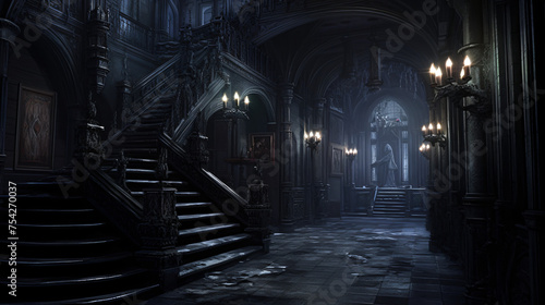 Gothic Manor  Ghostly Residents Haunt Darkened Hallwa