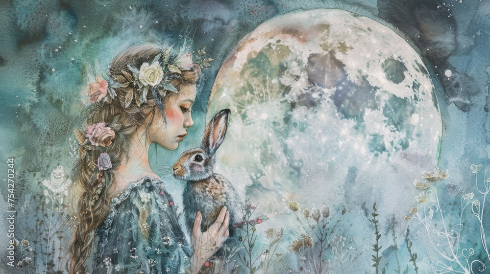 Mystical portrait of a lady with a floral crown holding a rabbit, with a full moon in the night sky, invoking fantasy and folklore. Ostara.
