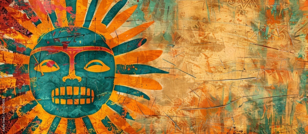 Ancient sun symbol on a grunge-style textured background with vivid colors, representing Mexican heritage and mythology.