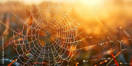 Dewdrops shimmer on spider webs in the early morning glow. Concept Nature  Photography  Outdoors  Morning Light  Spider Webs