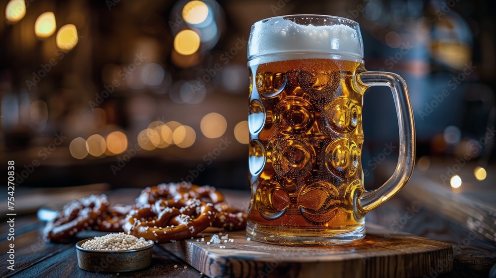 Cozy pub atmosphere with frothy beer mugs and traditional pretzels inviting a friendly toast Cozy pub atmosphere with frothy beer mugs and traditional pretzels inviting a friendly toast