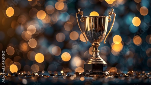 Trophy Standing on a Glittery Surface with Golden Bokeh Lights in the Background