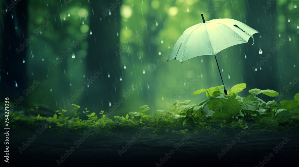 Green nature background with rain and an umbrella. ..