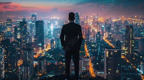 Successful Businessman Standing in His Modern Office. Contemplating Future Deal, Looking at night city skyscapes. Back View of handsome man in black suit. Business District. Male boss silhouette.