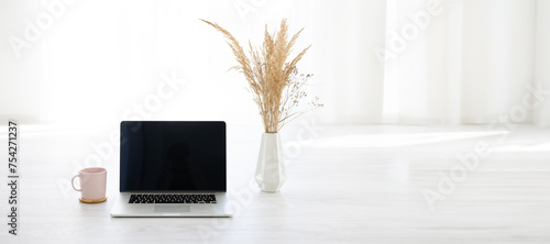 Laptop with coffeemug and dryflowers on white background photo