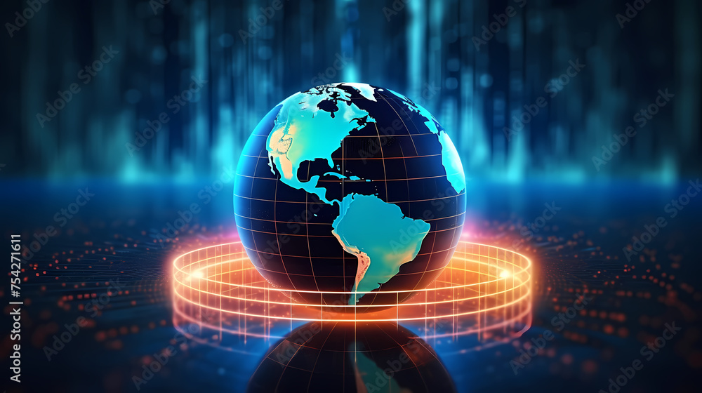 Illustration of digital earth with network lines and data points symbolizing global connectivity and information exchange on circuit board Illustration of digital earth with network lines and data points symbolizing global connectivity and information exchange on circuit board