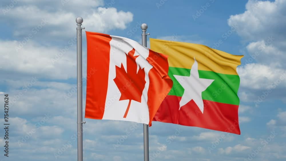 Myanmar aka Burma and Canada two flags waving together, looped video, two country relations concept Myanmar aka Burma and Canada two flags waving together, looped video, two country relations concept