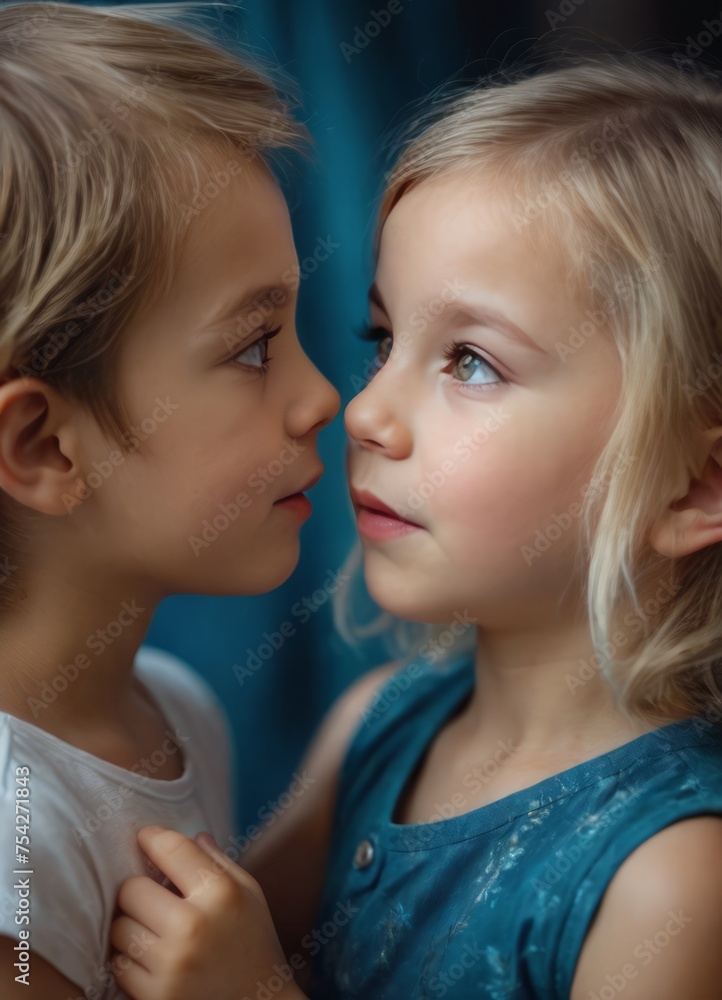 Little boy kissed for the first time adorable little girl. Love and romantic concept. Little boy kissed for the first time adorable little girl. Love and romantic concept.