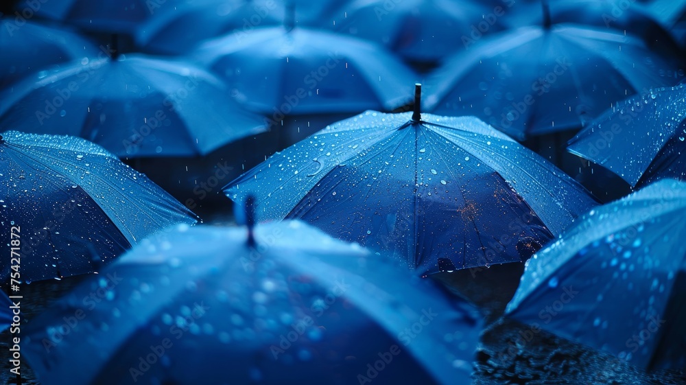 Sea of blue umbrellas under rainy skies offering shelter and unity - obrazy, fototapety, plakaty 