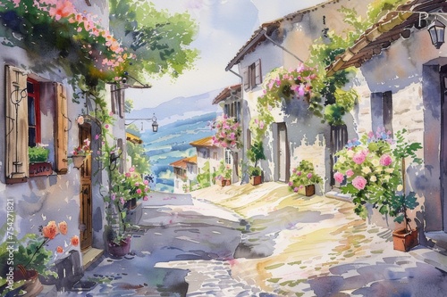 A watercolor illustration of a cobblestone road lined with quaint houses, blooming flowers, and distant hill views.